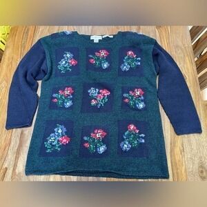 Paris Sport Club Womens L Navy‎ Green Floral Knit Sweater Hand Knit